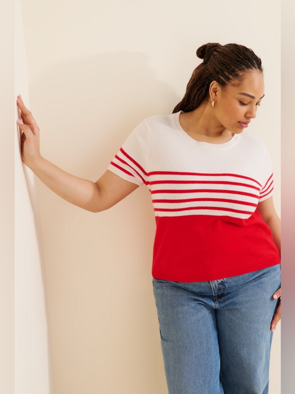 Anthropologie Nouveaux 100%Cashmere Sweater3X Red White Striped ShortSleeve $155
